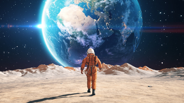 Astronaut on Mars' surface walks toward Earth