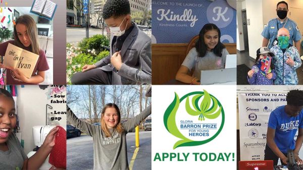 Collage of photos featuring youth and the Gloria Barron Prize for Young Heroes logo.