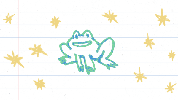 A simple lineart depiction of a smiling green frog on notebook paper, surrounded by yellow stars