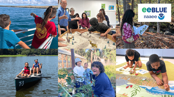 3 by 2 grid of photos: student on boat pointing to sea, students gathered around a water table demonstration, student in forest, two students in canoe, students gardening, students painting mural
