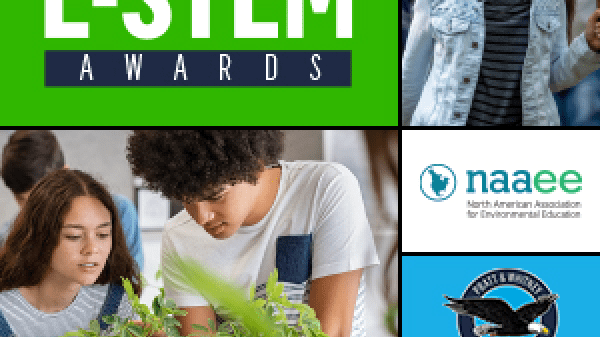 pratt & whitney e-stem awards, naaee and pratt & whitney logos, two photos of young people outside and working with pants