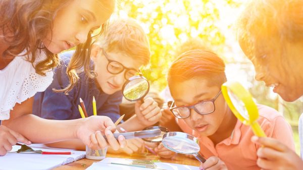 Children as little researchers and explorers look at a leaf with a magnifying glass