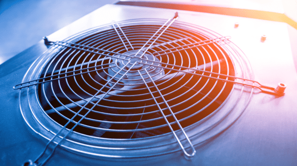 Close-up photo of a cooling fan from an HVAC system