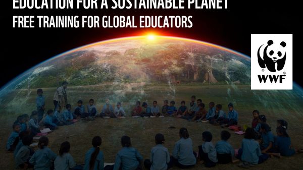 Photo of a circle of students layered on a photo of a globe