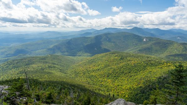 Waves of forest-covered mountains on a semi-cloudy, sunny day