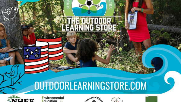 Graphic with a photo of a group of students in a forest with bird and waves, and a flag illustration