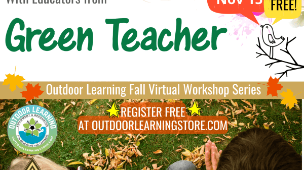 Teaching Green in the Elementary Years Graphic divided in two with the top half being a white background with text, included in the post, and the bottom half being a photo of two kids sitting on a grassy, leaf-covered ground