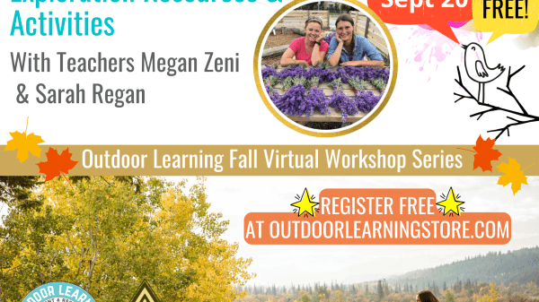 Life Underground: Student Soil Exploration Resources & Activities Graphic is divided in two. The top is a white background with blue text, a circlular photo of two women standingbefore a table set with bunches of purple flowers. The bottom half of the graphic is a photo of a group of kids sitting outside in an open grassy area with autumn-leaved trees behind.