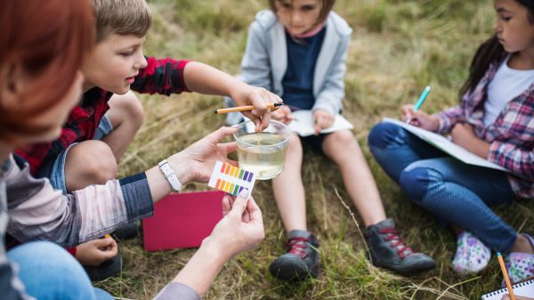 Group of school children with teacher in nature, learning science.