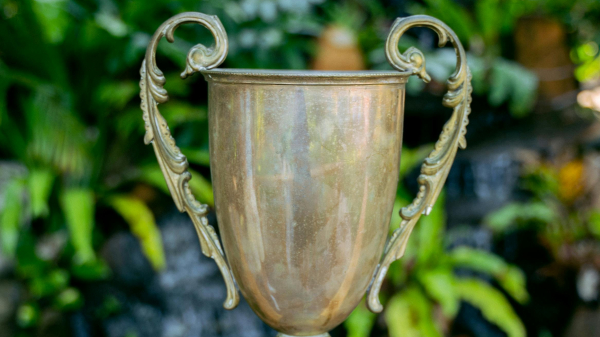 A faded gold trophy sits on a railing in front of green flora