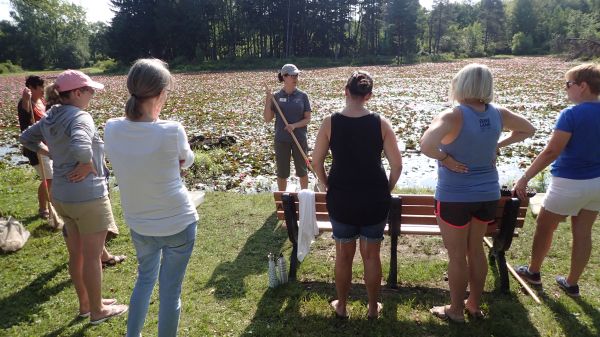A group of adults stands in a half-circle in front of a wetland listening to an environmental educator