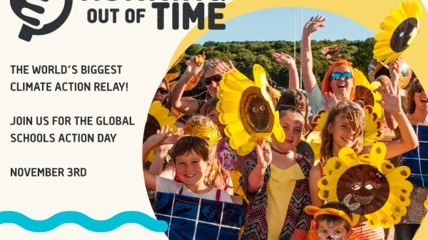 A group of children smile, holding oversized sunflower decorations. Photo credit: Running Out of Time A group of children smile, holding oversized sunflower decorations. "We're taking part in Running Out of Time, the world's biggest climate action relay! Join us for the Global Schools Action Day, November 3rd"