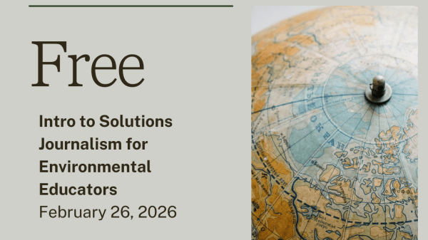 Announcement with a gray background announcing a webinar. Feature image is a section of a globe showing a land mass and an ocean.