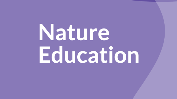 Purple background with abstract wavy shapes and white text, centered, that reads, "Nature Education"