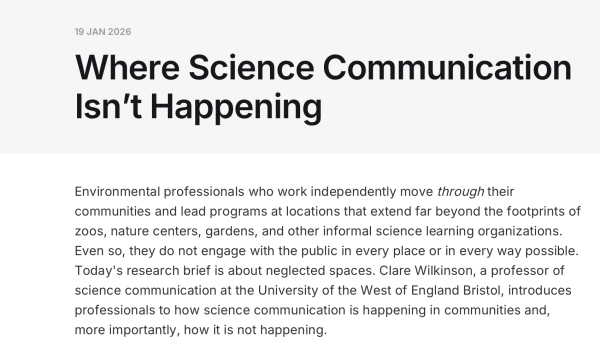 Screenshot of a sample article about where science communication isn’t happening in communities. Text on white background.