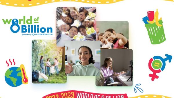 Colorful graphic of five photos of students, illustrations of a globe with thermometer, a compost bin, and gender icons