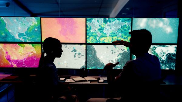 Computer, screen and maps with people in control room for storm tracking, satellite forecast or planning weather pattern. Back, meteorology team or radar data for climate monitor, silhouette or night