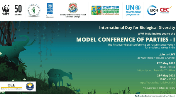 Model Conference of Parties poster with logos, info, and illustration of animals on blue green background