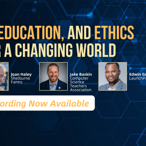 Three smiling faces of webinar panelists, with the words "AI, Education, and Ethics in a Changing World" to the right.