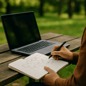 Open laptop and notebook on a wooden table