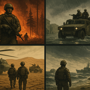 A series of four graphic depictions of military personnel in different weather environments, including a wildfire, a flood, a dry desert, and a stormy coast