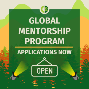 Graphic stating "Global Mentorship Program - Applications Open" on a green square with mountain silhouettes