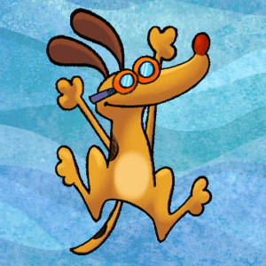 A cartoon dog wearing goggles lays in the middle of a textured blue wave background
