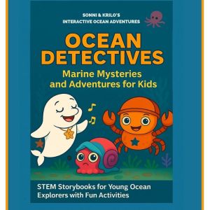 A book cover featuring a cartoon depiction of a beluga whale, crab, and snail in the ocean; text reads "Ocean Detectives: Marine Mysteries and Adventures for Kids"