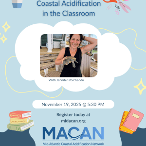 A woman holds a terrapin on a flyer advertising the Coastal Acidification in the Classroom webinar
