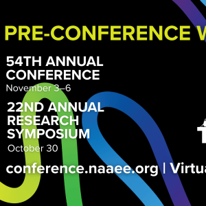 Black background with colorful squiggly line and text: "Pre-Conference Workshops. 54th Annual Conference. 22nd Annual Research Symposium."