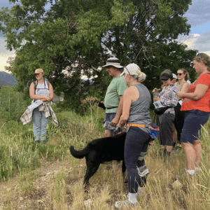 Tessa Scheuer educating Summit County Land Conservancy visitors along a trail.