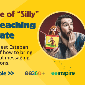 Esteban Gast holds a jack in the box toy with the words "The Serious Role of 'Silly" in Talking & Teaching About Climate"