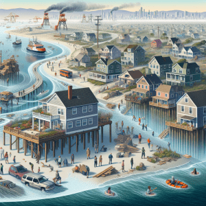 Art depicts a town partially in water; houses near the coast are up on stilts, cars are underwater, and people are walk about on the coast; in the back are smokestacks and a city skyline