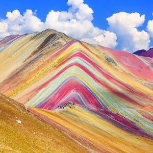 Landscape photo of rainbow-colored mountains