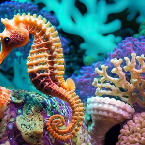 Close-up of a seahorse surrounded by coral