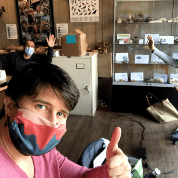 Socially-distanced, masked planning session between partners Tyler Twyford, Penelope Gorman (James River Park System), and Meredeth Dash from the Alliance for the Chesapeake Bay. 