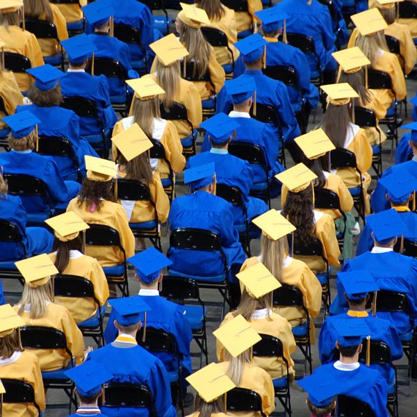 Seated graduates wearing blue and pale yellow caps and gowns