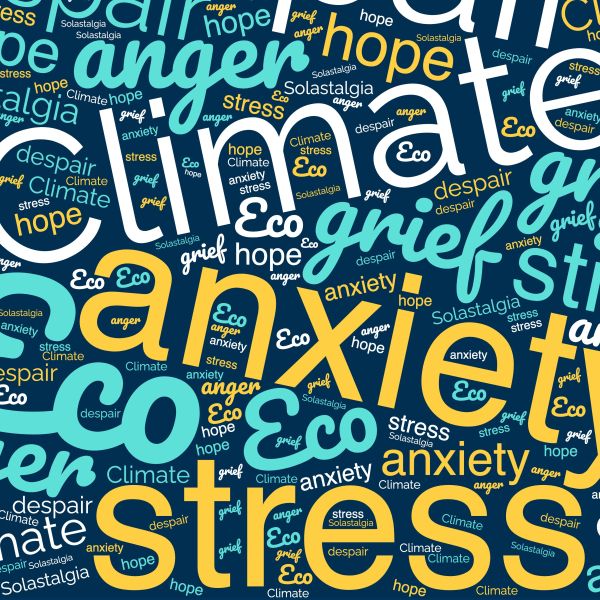 A word cloud filled with white, yellow, and blue text that says a range of words related to eco-grief, like "climate, anxiety, stress, eco, anger, hope, grief."