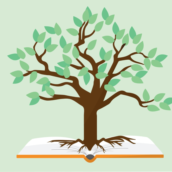 Illustration of a tree with green leaves emerging from an open book