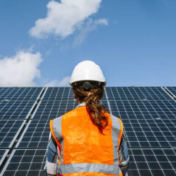 Solar engineer with a pony-tail and hard hat on looks at solar panels 