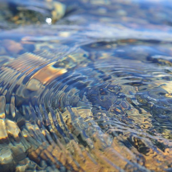A number of smooth stones sit beneath rippling water